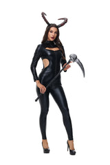 Halloween Cat Girl Masked Hero Cosplay Jumpsuit Black Patent Imitation Leather Bodysuit Nightclub Bar Carnival Party Catsuit New