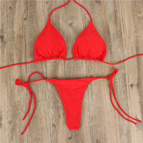 Solid Red String Bikini Set Halter Neck Triangle Top Side Tie Thong Bottom Women Summer Beach Swimwear