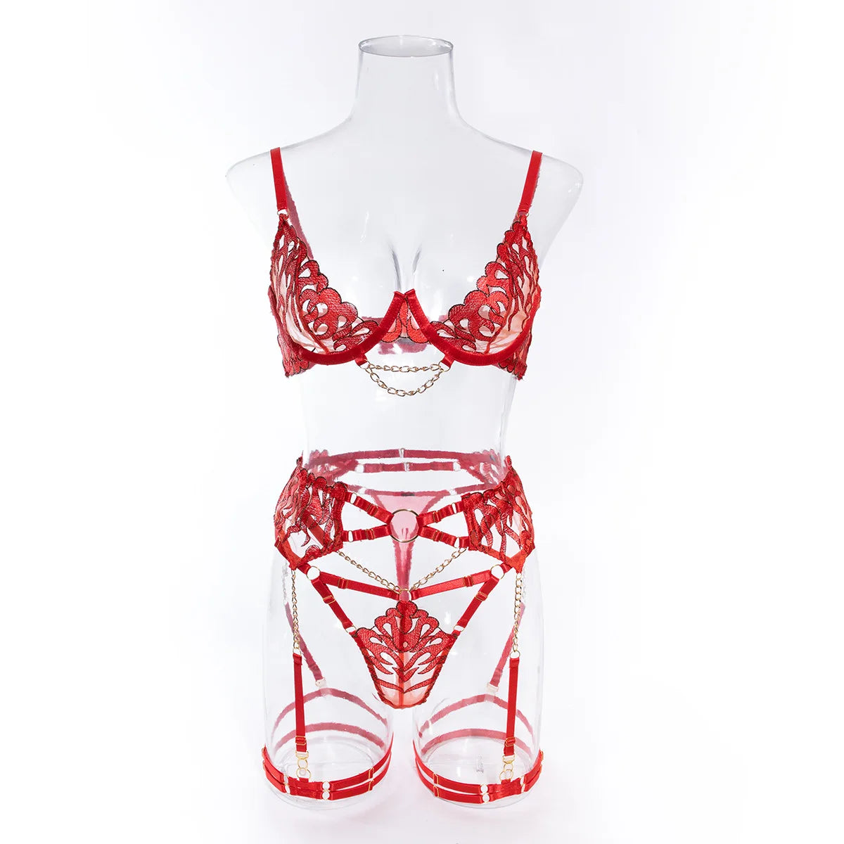 Red Bondage Lingerie Set Women Gold Chain Lace Harness Unlined Underwire Bra Garter Belt Thigh Rings Gothic Punk Exotic Apparel