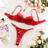Krasapt Romantic Satin Lingerie 2 Pcs Sets Sexy Patchwork Bras And Thongs Underwear Suits Wedding Night Erotic Intimate Outfits