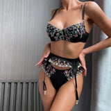 New White Floral Embroidery Fairy Lingerie Sets Transparent Mesh Patchwork Underwear Garter Intimate Panties Erotic Suits