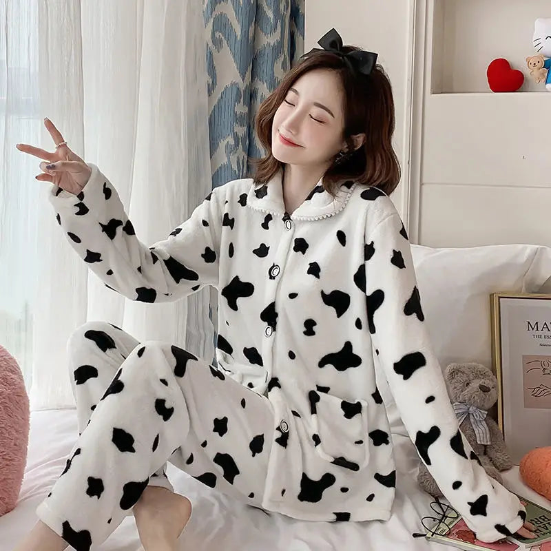 Women's Flannel Fleece Pajama Set Cute Cartoon Print Lapel Button Down Long Sleeve Warm Winter Loungewear Sleepwear Sets