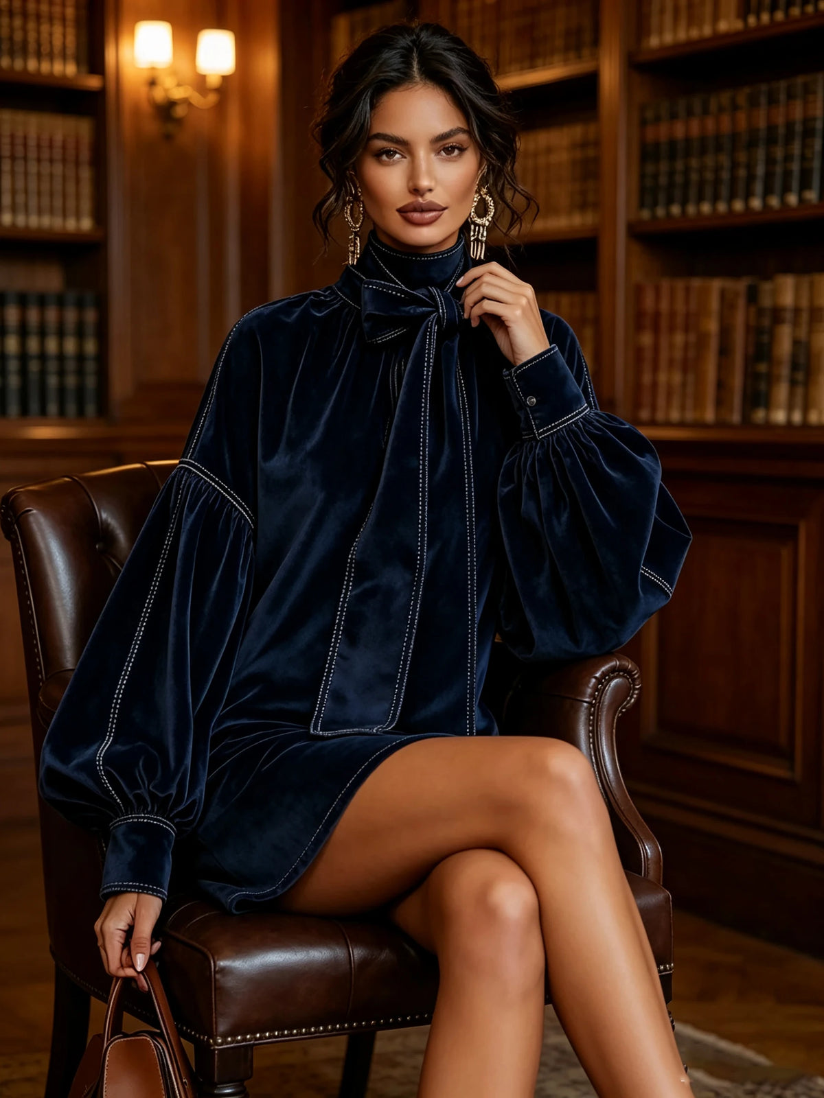 American Retro High Collar Lantern Sleeve Long Sleeve Bow Tie Elegant Velvet Women Mini Dresses Casual Autumn High Street Dress