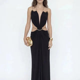 Halter Maxi Dress Women Summer Sleeveless Backless Cut Out Waist Sexy Black Long Dress Elegant Party Clubwear Vestidos Female