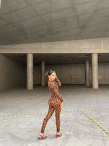 Y2k Hot Girl New Long Sleeve Bodycon Leopard Print Women Jumpsuit Sexy Sheer Mesh Bodysuits Catsuit Party Clubwear
