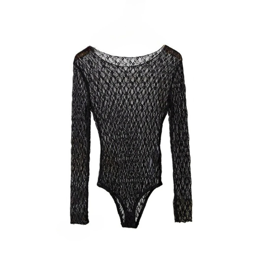 Women's Black Lace Bodysuit Y2k Long Sleeve Sheer Tops Fashion Slim Hollow Out See Through Mesh Blouses Sexy Lingerie Bodysuits