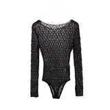 Women's Black Lace Bodysuit Y2k Long Sleeve Sheer Tops Fashion Slim Hollow Out See Through Mesh Blouses Sexy Lingerie Bodysuits