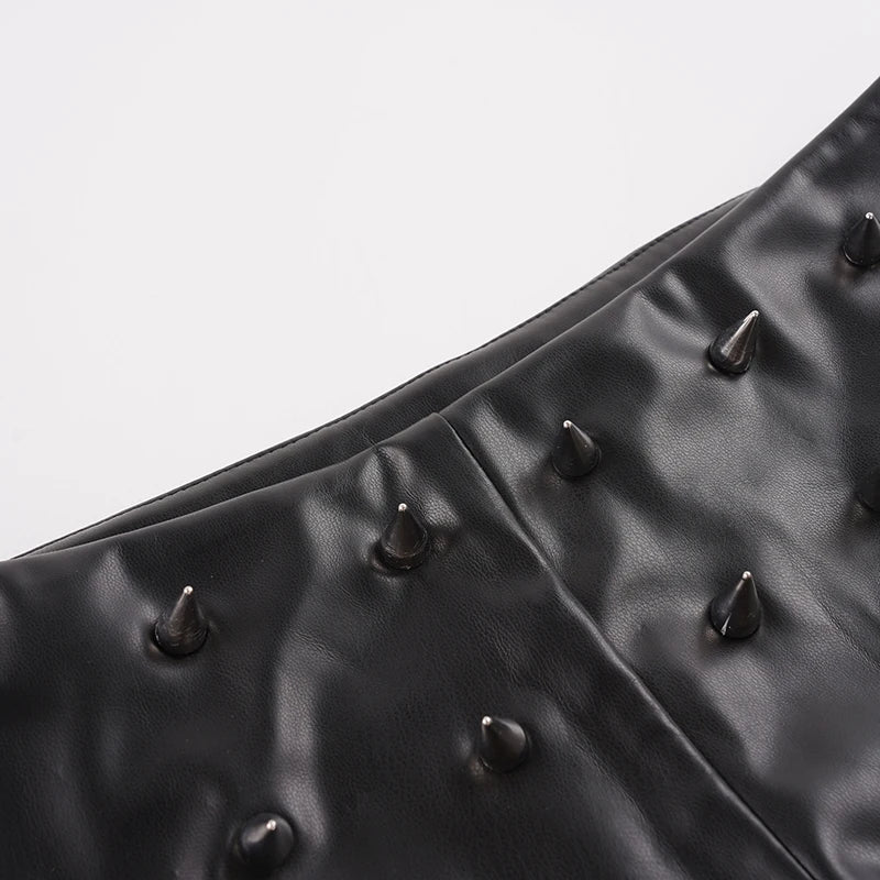 Women Low Waist Faux Leather Mini Shorts Spike Studded Decor Slim Fit Solid Black Punk Gothic Clubwear Y2K Streetwear Bottoms