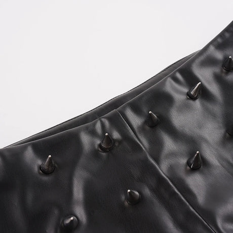 Women Low Waist Faux Leather Mini Shorts Spike Studded Decor Slim Fit Solid Black Punk Gothic Clubwear Y2K Streetwear Bottoms