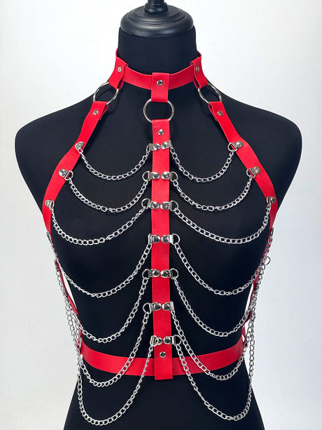 Women Gothic PU Leather Chest Harness Belt with Chain Bra Strap Adjustable Punk Y2K Body Harness Festival Layering Accessory