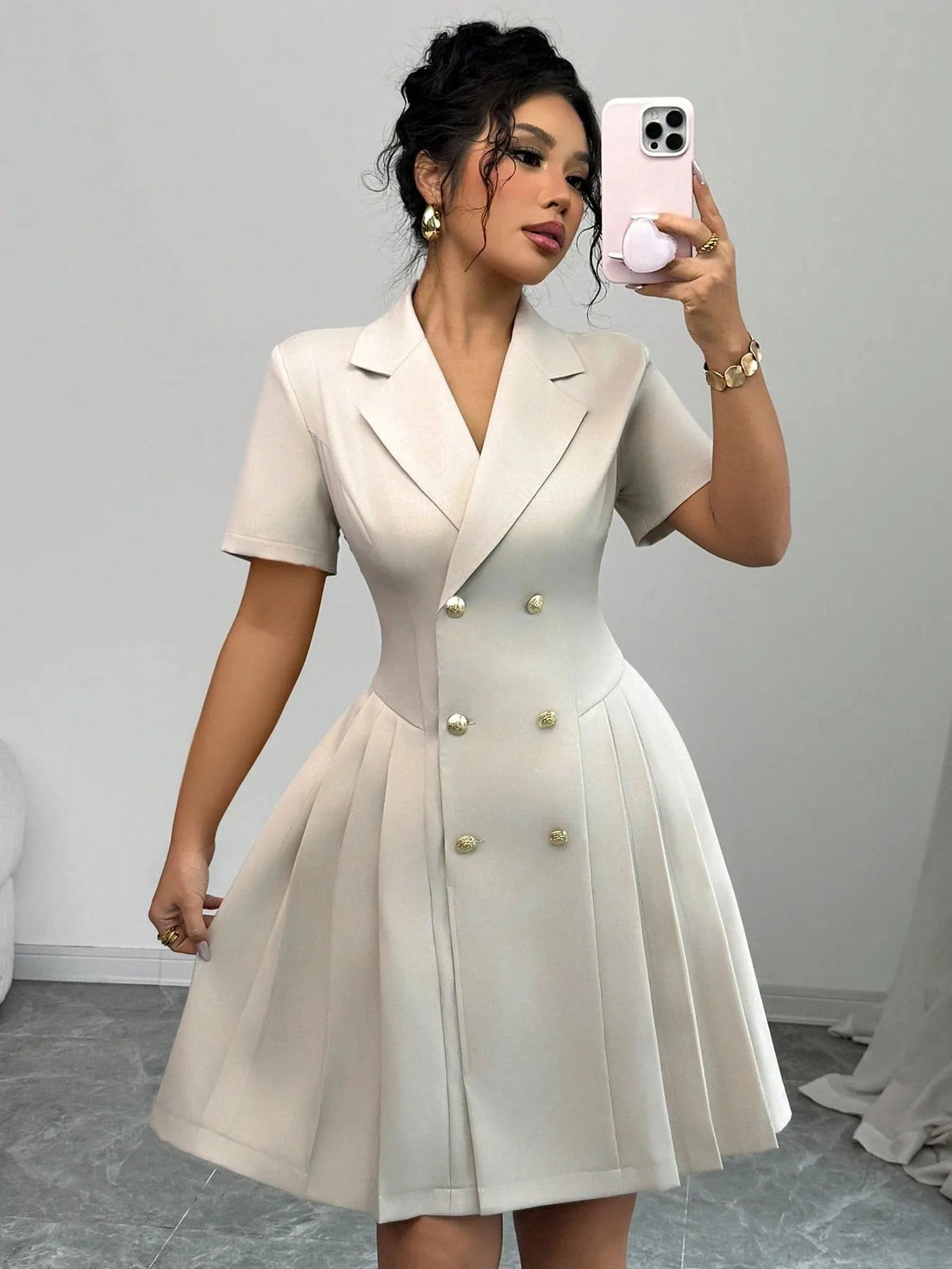 2026 Luxury Dresses Solid Color Notched Lapel Double Breasted Short Sleeve Slim Summer Midi Dress for Woman Clothes