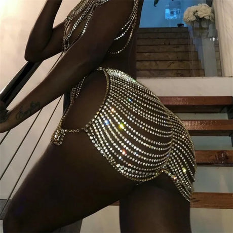 Sexy Rhinestone Skirt Bikini Outside Match Hollow Chain Hip Accessories Nightclub Stage Performance Clothes Female