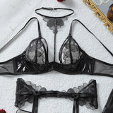 Sexy Lace Faux Leather Underwear Set Harness Bra Choker Garter Belt Thong Stockings Seductive Romantic Lingerie Set of Woman