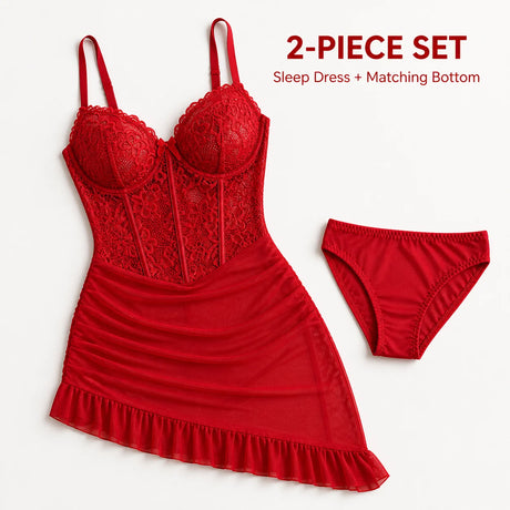 Women's Transparent Lace Lingerie Nightdress with Matching Panties, Ruched Ruffle Hem Babydoll Sleepwear, Four Colors S-XL
