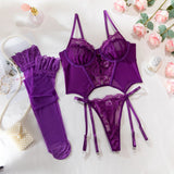 Sexy Purple Eyelash Lace Lingerie Set 3Pcs Mesh Transparent Fishbone Bustier Bra Panty with Stockings Sensual Underwear
