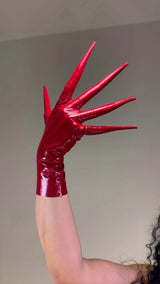 POINTED FINGER GLOVES 85cm 33" Long Spike Shoulders Patent Faux Leather PU Arm Warmers Shine Black LLDLLNT