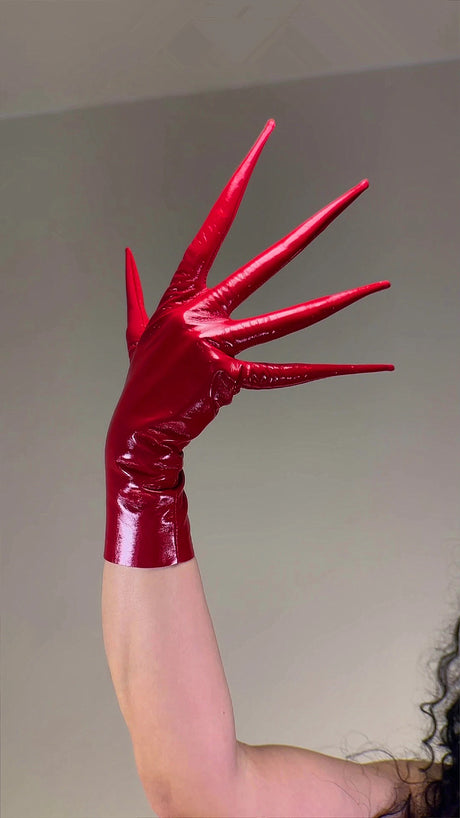 POINTED FINGER GLOVES 85cm 33" Long Spike Shoulders Patent Faux Leather PU Arm Warmers Shine Black LLDLLNT