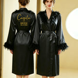 Personalized Name Date Wedding Feather Bride Robe Bridesmaid Bathrobe Nightwear Long Elegant Woman Gown Sexy Nightgown for Party