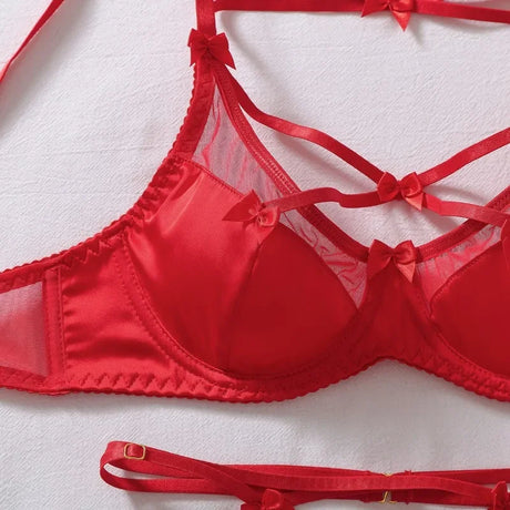Sexy Red Women's Lingerie Sets Bowknot Sheer Mesh Bra Thong Garter Belt 4PC Strappy Body Shaping Sleepwear Seductive Underwear