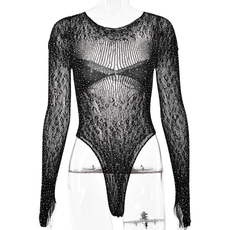 Women Slim See Through Long Sleeve Romper Tops Shiny Rhinestone Tshirt Bodysuit Party Club Hollow Out Wrap Overalls Tops