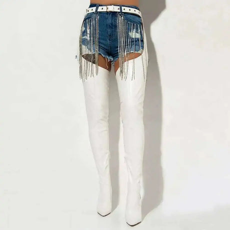 White Sexy Stiletto Heel Belt Buckle Over The Knee Boots Big Size 41-46 Pu Leather Thigh High Boots Shoes