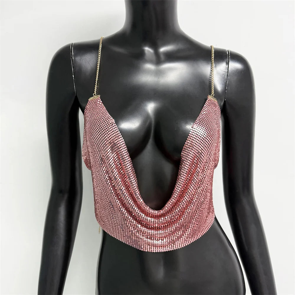 Fashion Metallic Sequins Party Tank Top Sexy Deep V Neck Backless Spaghetti Straps Sling Crop Top 2024 Rave Nightclub Camisole