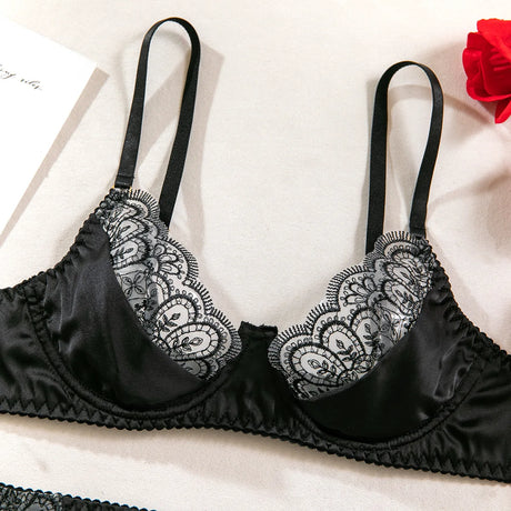 Wedding Night Gift 3 Piece Black Lace Lingerie Set for Women Bra with Garter Belt and Thong Sexy Bridal Underwear