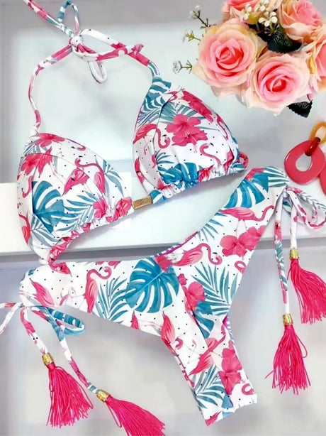 Women's Printed Tassel Bikini Set Low Waist Tie Side Two Piece Swimsuit Fashion Beachwear Bathing Suit Bikini Set Women's Swimsu