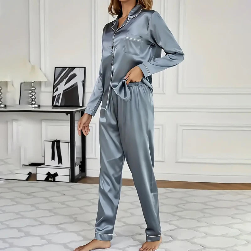 Women's Sleepwear Simple Satin Pajama Set Long Sleeve Buttons Lapel Top With Elastic Pants Loungewear Nightwear 2 Piece Nighty