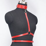 Red Leather Choker Necklace & Body Harness Set - Adjustable Straps, Punk Gothic Style, Waist Belt Jewelry Accessory for Women