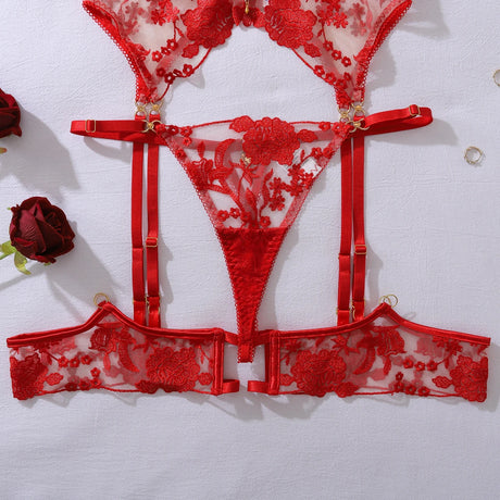 Heavy industry embroidery sequin red slim fit perspective high-end splicing gemstone decoration sexy lingerie four piece set