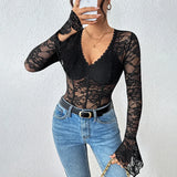 Benuynffy Black V-neck Long Sleeve Bodysuit Women's Sexy See Through Lace Bodys for Women Slim Fit One Pieces Tight Body Top