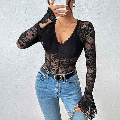 Benuynffy Black V-neck Long Sleeve Bodysuit Women's Sexy See Through Lace Bodys for Women Slim Fit One Pieces Tight Body Top