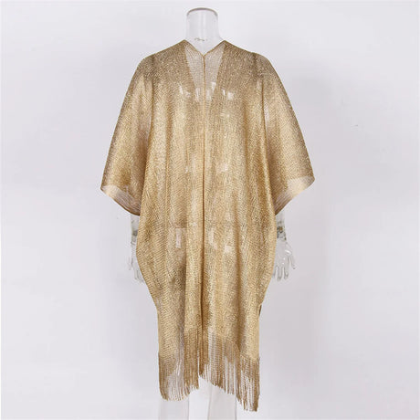 Swimsuit Cover-ups  Fashion Tassel Gold Bikini Beach Cover Up Sexy Beach Dress Tunics for Women Summer Wear See Through