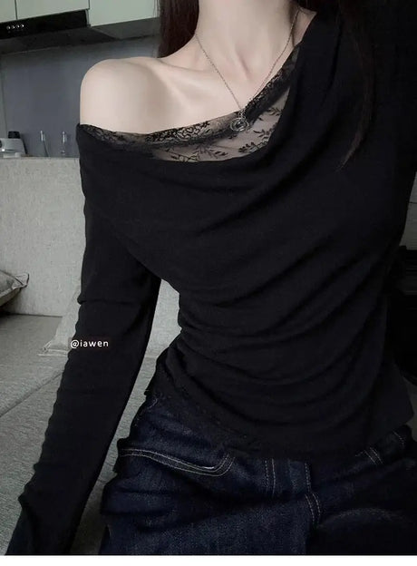 Lace Splice Asymmetrical Shoulder Long Sleeve T-Shirt Women's Slim Fit White Top for Autumn Winter Commute Casual Wear