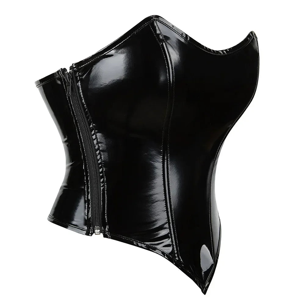 Black Shiny PVC Bustier Faux Leather Corset Crop Top Body Shaper Women Sexy Corselet Vest Plus Size