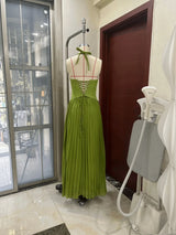 Elegant Women's Halter Long Dress Corset Pleated Dresses Evening Party Formal Wedding Guest Green Graduation Bridesmaid Gown New