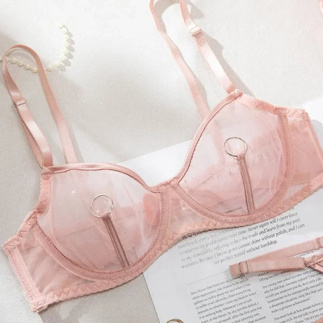 Lingerie Set Sexy See Through Mesh Push Up Bra Contrast Color Metal Ring Decor High Elasticity Two Piece Sexy Lingerie for Women