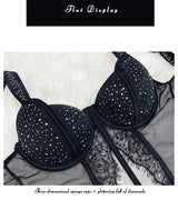Sexy Lingerie Shiny Rhinestones Bra and Panties Set Charming Erotic Lingerie Soft Steel Ring Push Up Bralette 3 Pcs Lingerie Set