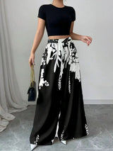 Women's Tropical Print Wide-Leg Pants, Elastic Waist Design, Slim Fit for Casual Vacation Wear