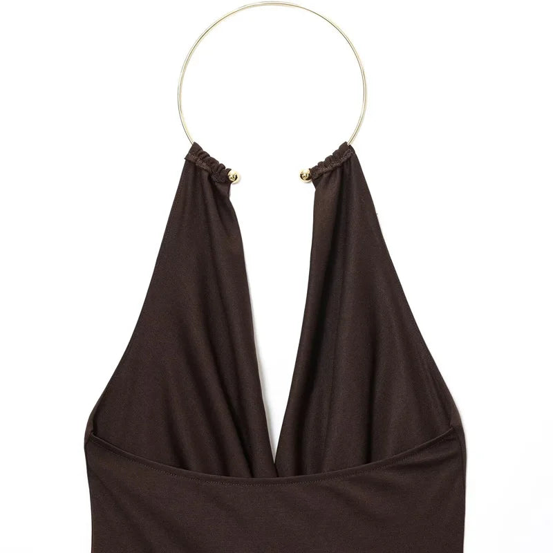 HXAO Sexy Halter Neck Bodysuit Women Summer Brown White Slimming Body Backless Off Shoulder Sleeveless Thong Top Women Bodysuit