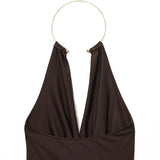 HXAO Sexy Halter Neck Bodysuit Women Summer Brown White Slimming Body Backless Off Shoulder Sleeveless Thong Top Women Bodysuit