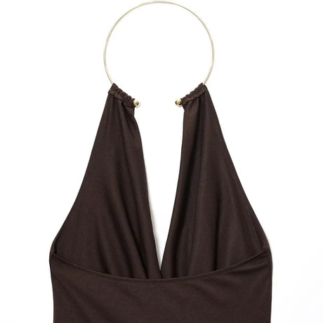HXAO Brown Halter Bodysuit Women Summer Bodys For Sexy Women Off Shoulder Sleeveless Thong Bodysuit With Open Back Rave Bodysuit