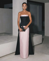 Sansa Customized Contrast Color Strapless Satin Evening Dress Black Pink Patchwork Waist Bow Long Side Train Wedding Guest Gown