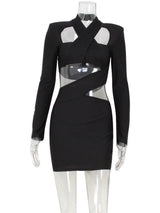 Ahagaga Sexy Club Women's Mini Dresses Solid Hollow Out V-Neck Regular Long Sleeves Sheath Bodycon Slim Fit Streetwear Vestidos