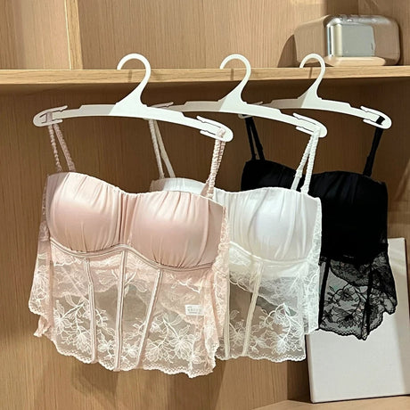 Women Elegant French Longline Lingerie, Lace Satin Wireless Bra, Push Up Sexy Open Back, Luxury Bridal Underwear Fit Small Bust