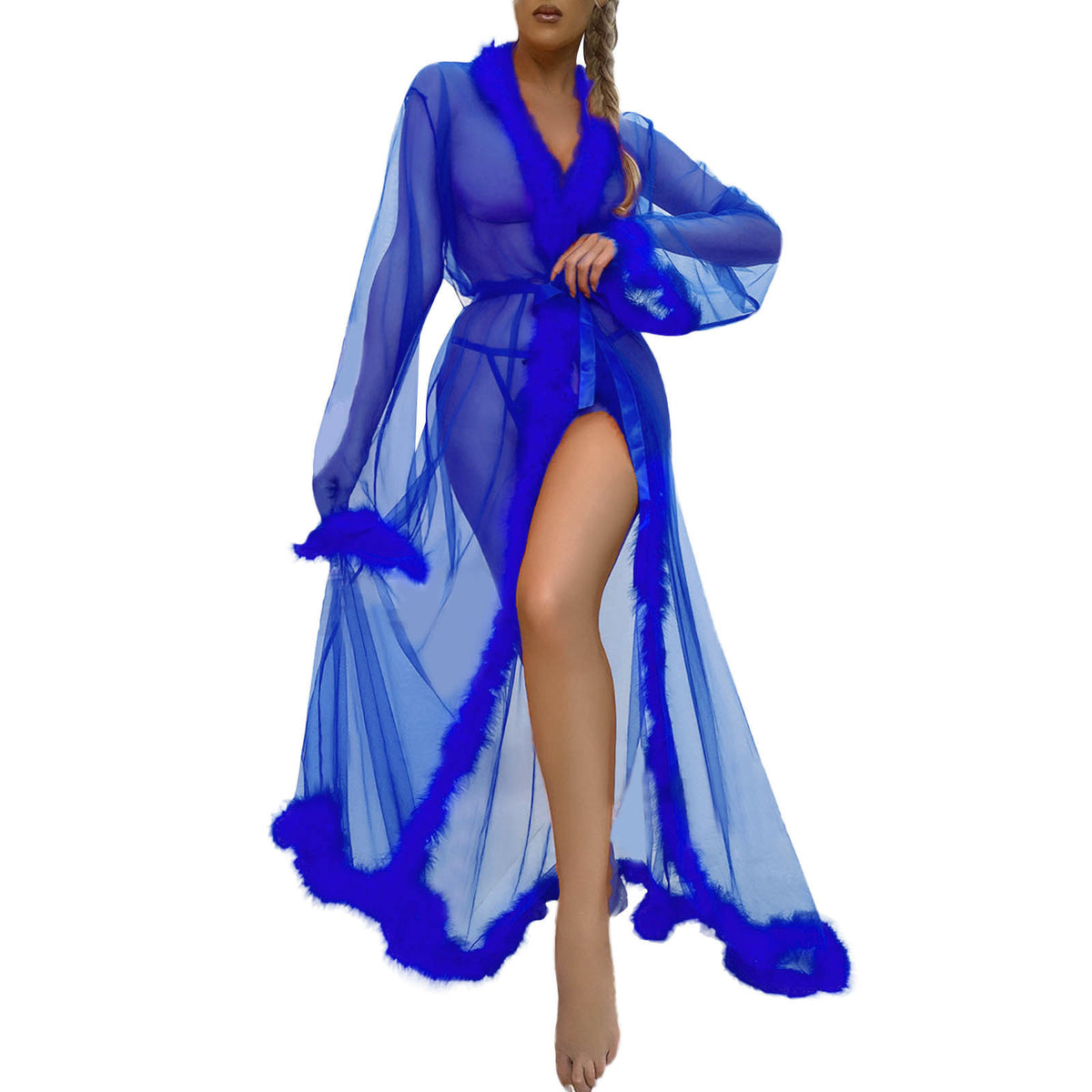 Sexy Mesh Feather Nightdress For Women Thin Robe Long Lingerie Nightgown Bathrobe Pajamas Sexy Lingerie Sleepwear Porn Babydoll