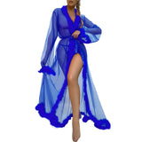 Sexy Mesh Feather Nightdress For Women Thin Robe Long Lingerie Nightgown Bathrobe Pajamas Sexy Lingerie Sleepwear Porn Babydoll