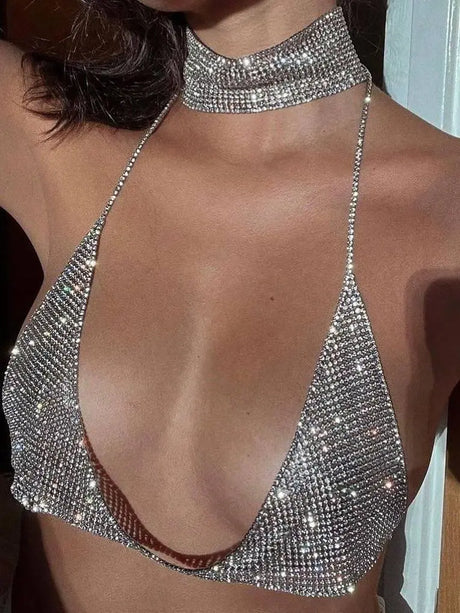 AKYZO Sensual Rhinestone Halter Bra Dazzling Shiny Back Clasp Chain Glamorous Rhinestone Decoration Designed for Women Perfect f