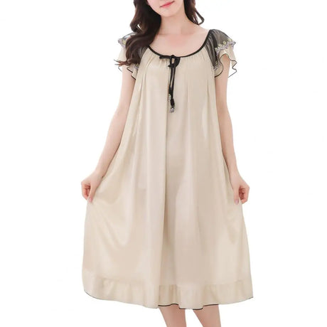 Satin Pajama Dress Women Lounge O-Neck Lace-up Short Sleeve Thin Sleeping Dress Ruffle Hem Summer Nightdress